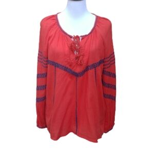 Intropia Red Peasant Blouse Embroidered Print Lace-Up Neck Folk Traditional